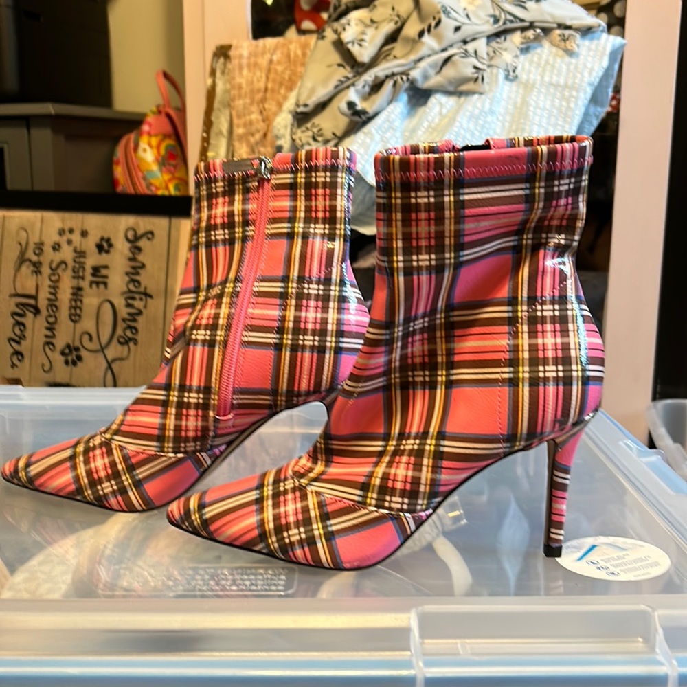 Pink plaid leather boots